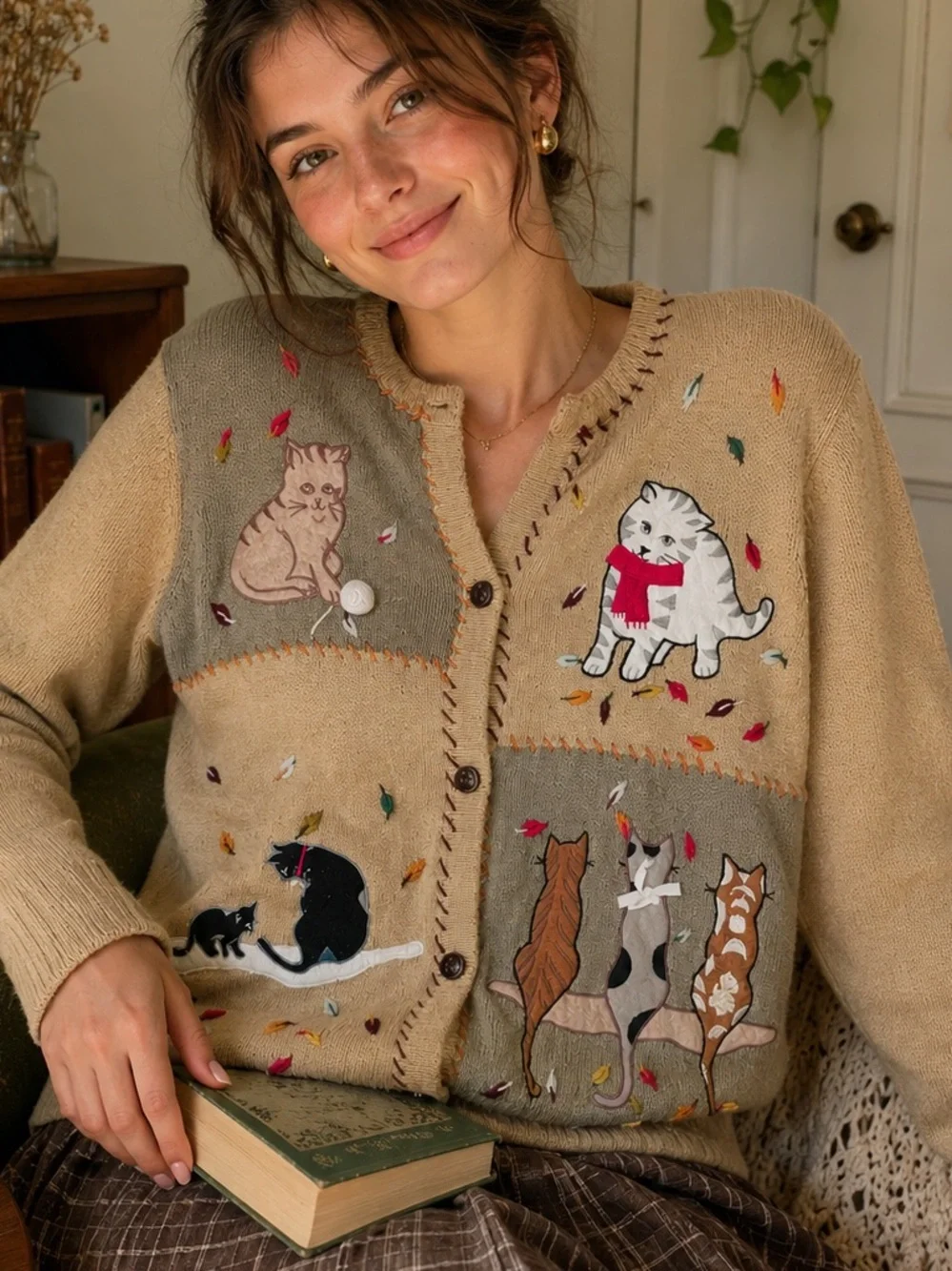 Vintage All Points Cat Patchwork Cardigan Sweater Ramie Cotton M